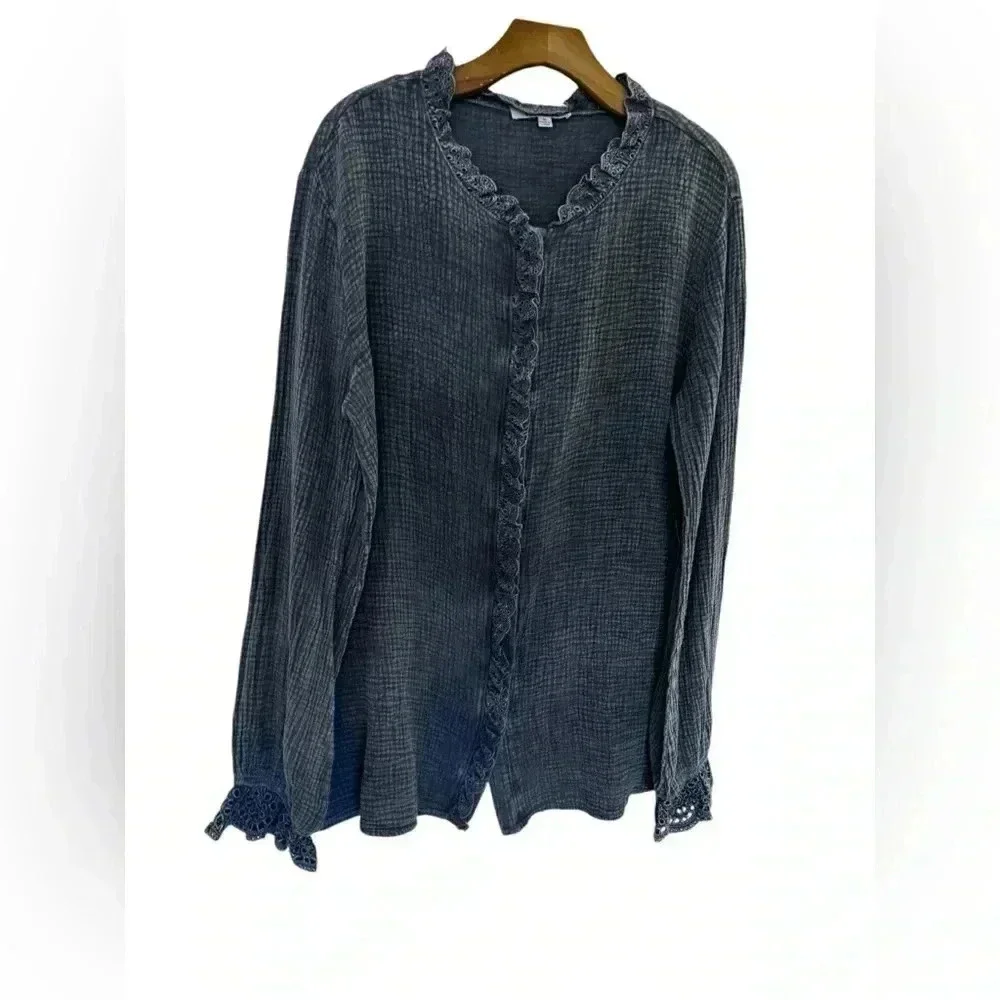 MAZIK Charcoal Gray Eyelet Ruffle Button Down Long Sleeve Tunic Shirt